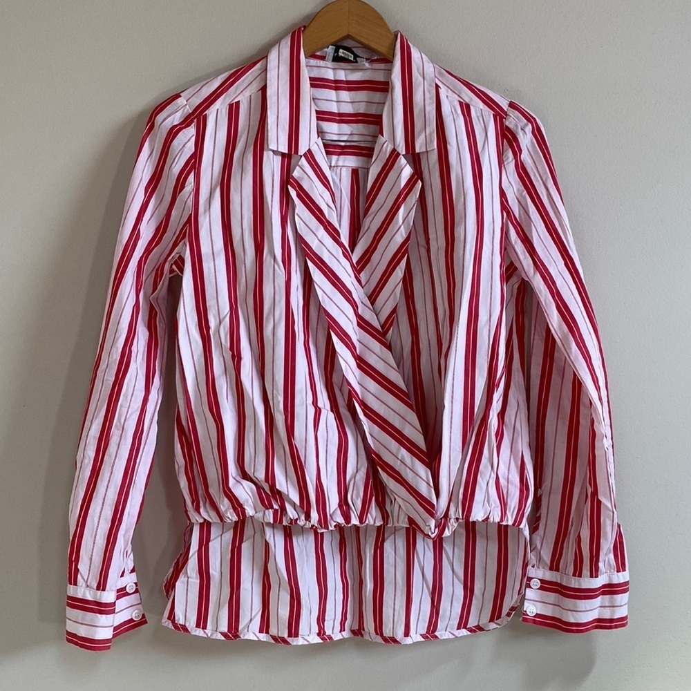 Harshman anthro red white vertical  striped mix media high low faux wrap shirt